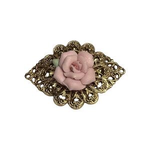 1928 Vintage Gold Filigree Brooch with Pink Rose